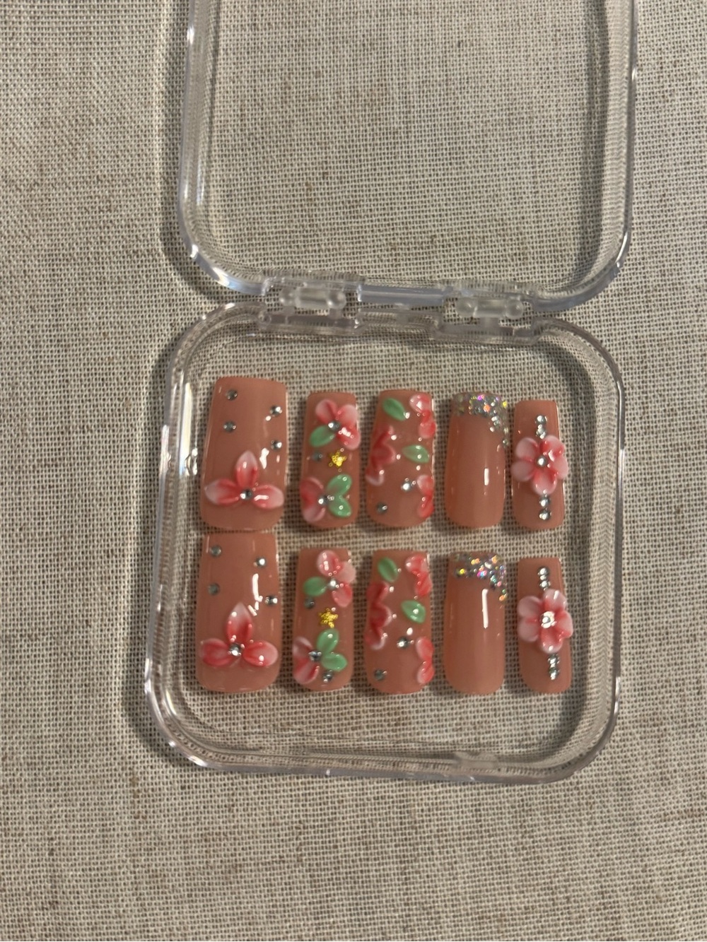 Neutral Pink Floral Press-On Nails Set with 3D Accents size large